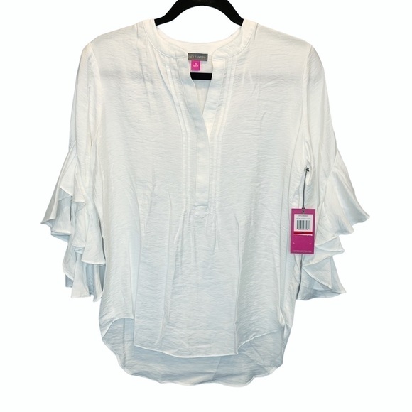 Vince Camuto Pintuck Detail Flutter Sleeve Rumple Satin Blouse White XS New - Picture 2 of 7